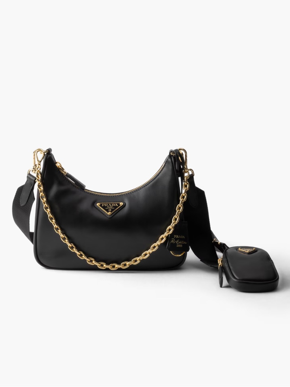Prada Black Leather Shoulder Bag re edition 2005 with Gold Chain and Mini Pouch